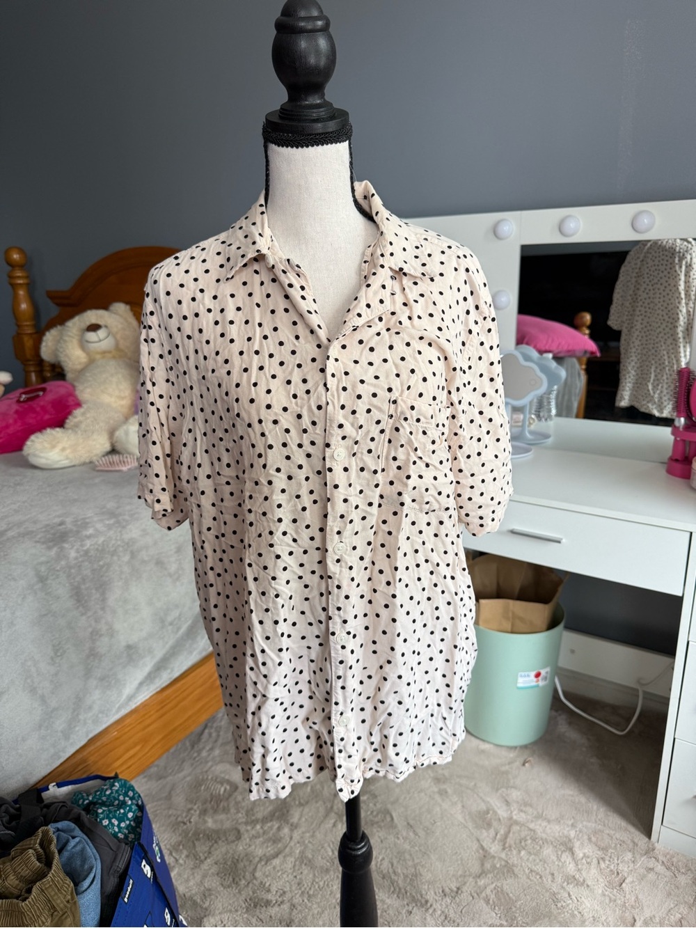 All Saints Cream Button-Down Shirt with Black Polka Dots